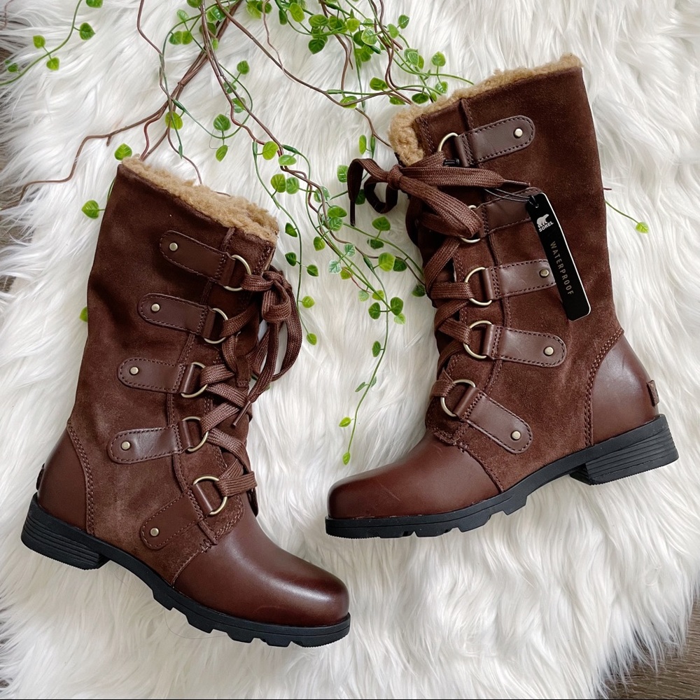 NEW Sorel Emelie Faux Shearling Lined Leather Waterproof Lace-Up Boot